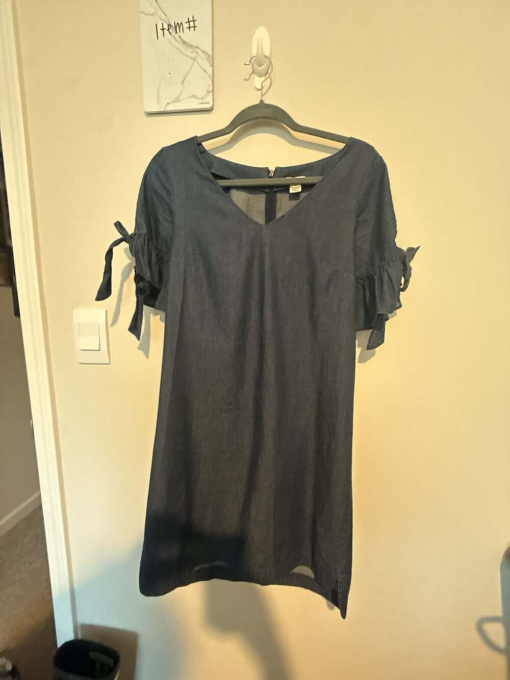 J. Crew Factory Blue Chambray V-Neck Tie Sleeve Dress